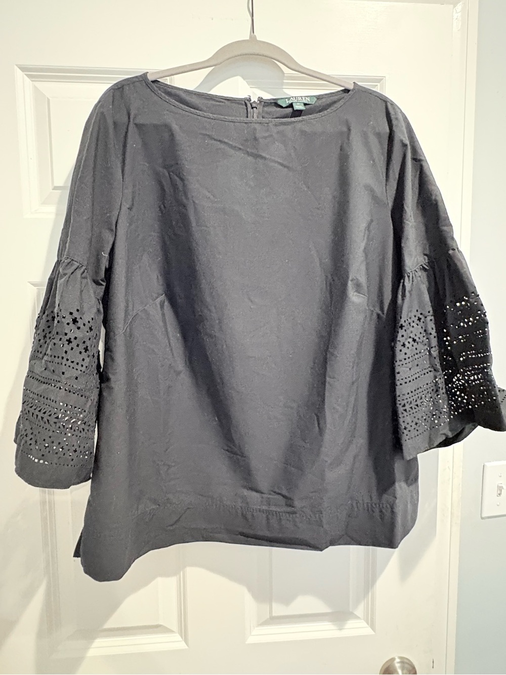 Lauren Ralph Lauren Black Laser-Cut Bell Sleeve Top – Size 1X – Statement Blouse